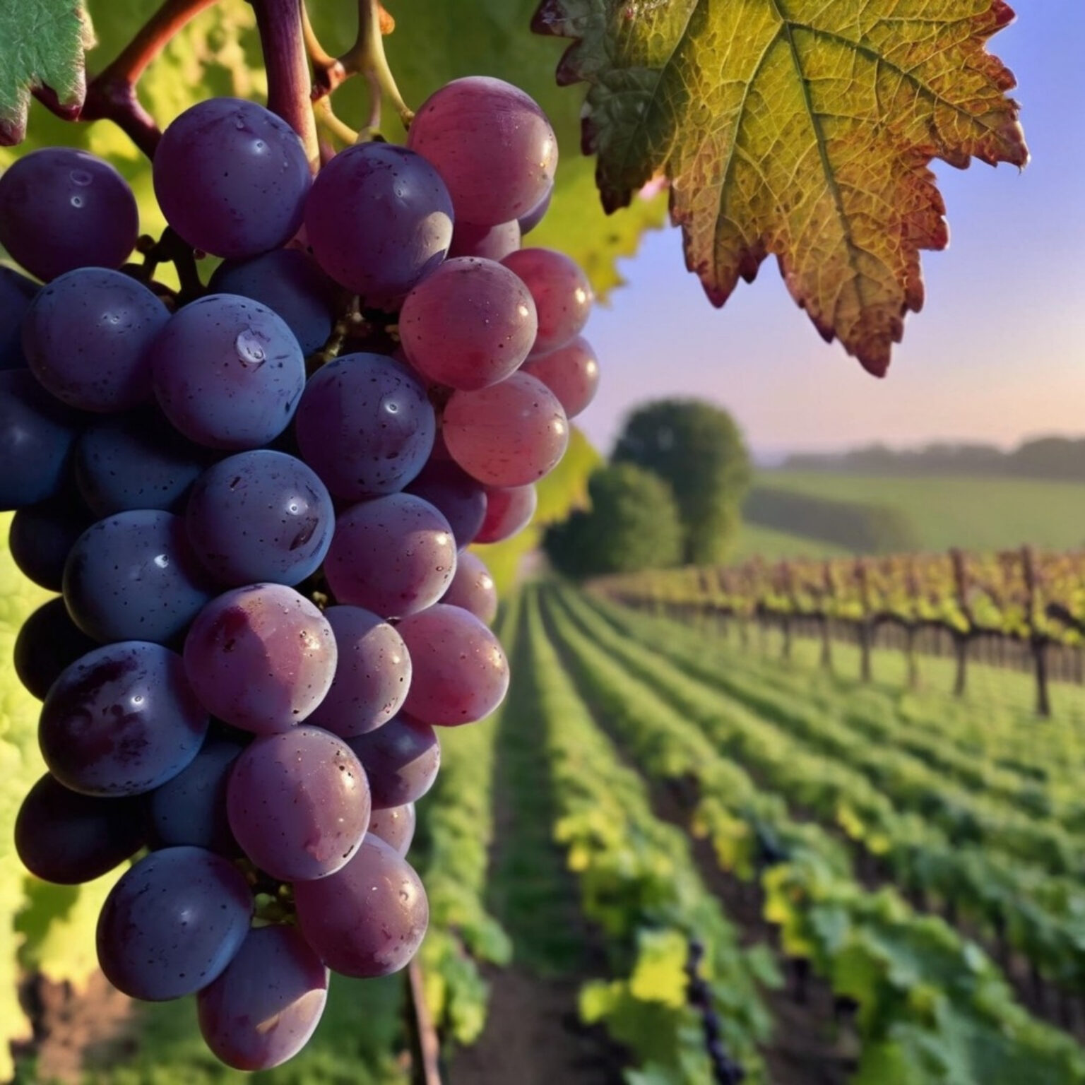 Rote Weintrauben vor einem Weinberg